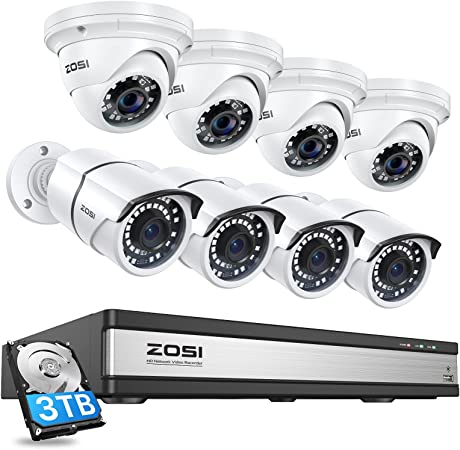 ZOSI 16CH 4K PoE Home Security Camera System,H.265  8MP 16 Channel CCTV NVR with 3TB HDD for 24-7 Recording ,8pcs Wired 5MP PoE IP Cameras Outdoor Indoor,Night Vision,Motion Alert,Remote Access