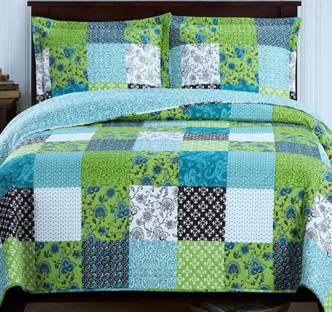 Country Cottage Patchwork Blue Green Quilt Coverlet Set Full/Queen Oversized