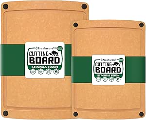 Freshware Wood Cutting Boards for Kitchen, Juice Groove, Non-Slip Silicone Feet, Dishwasher Safe, Medium 12" x 9" and Large, 15" x 11.25", Set of 2, Natural