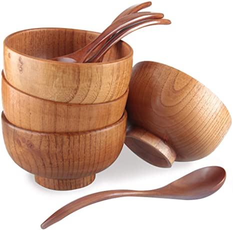 Handmade Wood Bowls, Jujube Wooden Japanese Bowls with Matching Spoon for Rice, Soup, Dip, Salad, Tea, Decoration 4 Sets (4 Bowls   4 Spoons)