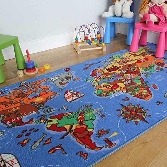 The Rug House Educational FUN Colourful World Map Countries & Oceans Kids Rugs 95x200cm