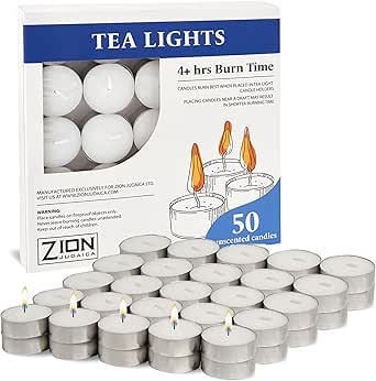 Long Burning Tea Light Candles – Unscented, Smokeless, Dripless, White Tea Lights Candles for Wedding, Holiday, Shabbat, or Emergency – 4 Hour Long Lasting Tealight Candles, 50 Pack by Zion Judaica