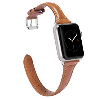 Wearlizer Brown Slim Leather Compatible Apple Watch Band 42mm 44mm iWatch Womens Mens Sport Thin Strap Wristband Replacement Leisure Cool Bracelet with Silver Metal Clasp Series 4 3 2 1 Nike  Edition