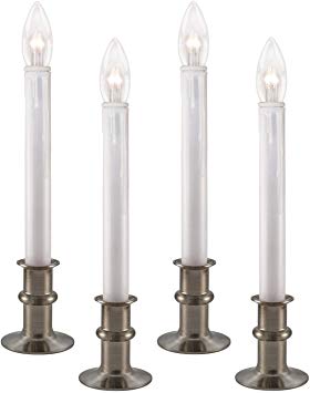 612 Vermont Ultra-Bright LED Window Candles with Timer, Battery Operated, Metal Base, White Candlestick, Adjustable Height (Pack of 4, Brushed Nickel)