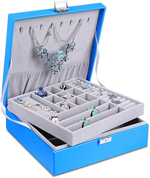 misaya Women Jewelry Box Organizer 2 Layer Large Lockable Display Jewelry Holder for Earring Ring Necklace, Diva Blue