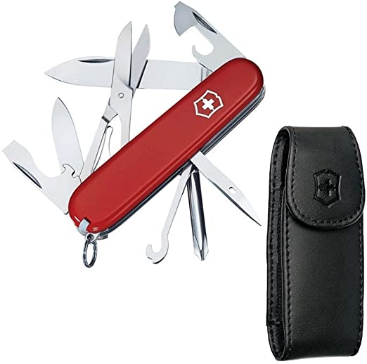 Victorinox Swiss Army Super Tinker Knife with 14 Functions and Leather Clip Pouch