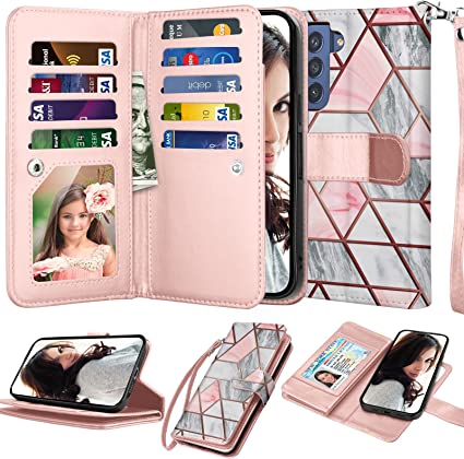 Njjex Galaxy S21 Case, for Samsung Galaxy S21 Wallet Case, [9 Card Slots] PU Leather ID Credit Holder Folio Flip [Detachable] Kickstand Magnetic Phone Cover & Lanyard for Samsung S21 [Marble Pink]