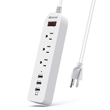 Power Strip Surge Protector 3 AC Outlets with 3 USB Ports (5V/2.4Ax3), Extension Power Cord, USB Multi Outlets, 5ft Long Cord, White
