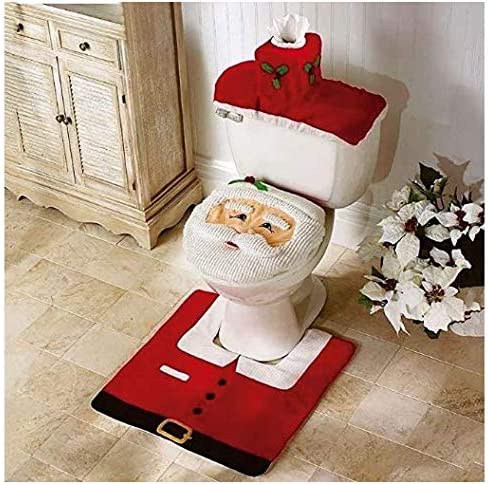 Rayinblue Christmas Decoration Novelty 3pc Christmas Festive Toilet Seat Cover, Tank & Rug Bathroom Decoration Set (Santa Claus)