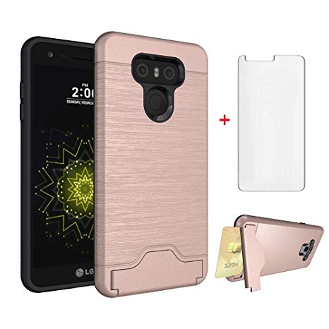 LG G6 Wallet Phone Case with Tempered Glass Screen Protector Credit Card Holder Slot Kickstand Slim Silicone Protective Hard Cover for LGG6 G 6 Plus LG6 ThinQ G6  VS988 H871 Women Girls Pink Rose Gold