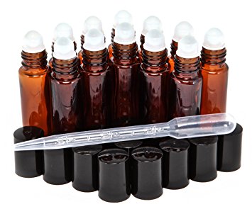 12, Amber, 10 ml Glass Roll On Bottles with 3 ml Dropper