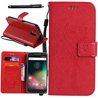 Moto G4 Case, Moto G4 Plus Case, Linkertech [Kickstand Feature] PU Leather Wallet Flip Pouch Case Cover with Wrist Strap & Card Slots for Moto G (4th Generation) / G4 Plus (Red)