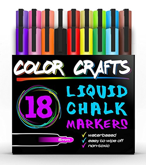 Liquid Chalk Markers - Set of 18 Reversible Tip Paint Pens Vivid Bright Neon Colors and White , 6mm Dual Tip