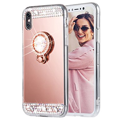 iPhone X Case, Caka iPhone X Glitter Case [Rhinestone Series] Luxury Cute Shiny Bling Mirror Makeup Case for Girls with Ring Kickstand Diamond Crystal Protective TPU Case for iPhone 10 - (Rose Gold)