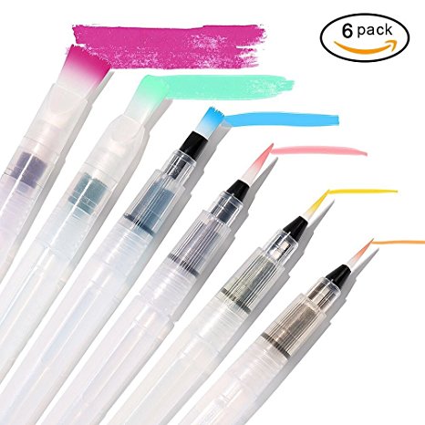 Water Coloring Brush Pens,Set of 6 Brush Tips for Watercolor Painting, Water Soluble Pencils, Brush Pens, Markers, Solid Colors or Powdered Pigment, Refillable, Watercolor, Calligraphy, Painting