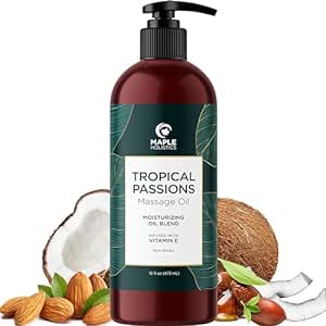 Tropical Massage Oil for Couples Relaxation - Full Body Massage Oil for Date Night with Smooth Gliding Coconut and Sweet Almond Oil with Mango Scent - Non GMO Gluten Free & Vegan (16 Fl Oz)