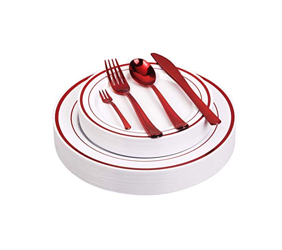 125pcs Disposable Plastic Plates and Cutlery Set/Party Tableware - Including 25 Red Trim Dinner Plates, 25 Salad or Dessert Plates & 25 Polished Red Forks Knives & Spoons - Bonus 25 Dessert Forks
