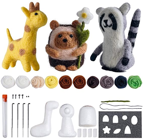 Needle Felting Beginner kit - Wool Felting Cute Animals KitInstruction Suppliers Included 3 in 1 Giraffe Racoon Hedgehog