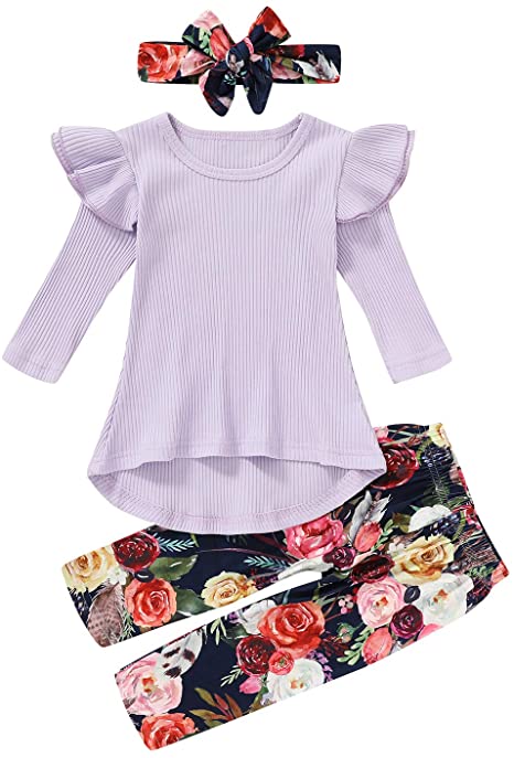 3PCS Toddler Baby Girls Clothes Sets Long Sleeve Irregular Ruffle Tops Floral Pants Bowknot Headband 3Pcs Autumn Outfits
