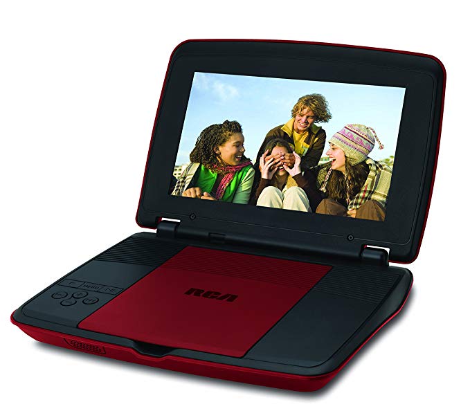 RCA 9 Inch Portable DVD CD Player with Travel Kit Watching in a Car Remote Control | Rechargeable Battery | AC Adapter | Car Charger, Red