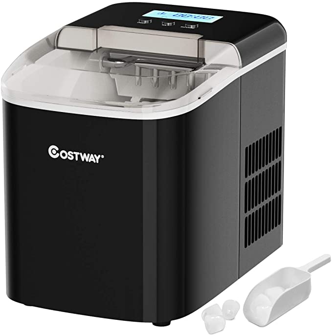 COSTWAY Countertop Ice Maker, 26LBS/24H with Self-clean Function, LCD Display, 9 Bullet Ice / 7 Mins, Portable and Compact Ice Machine with Ice Scoop, for Homes, Offices, Restaurants, Bars, Black