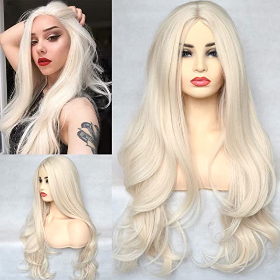 BLUPLE Platinum Blonde 60# Synthetic Wig Long Natural Wavy Heat Resistant Synthetic Hair Replacement Full Wigs Middle Part for Women 22 Inch (No Lace Wig)