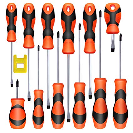 Magnetic Screwdriver Set, Newild 12 Pcs Cushion Grip 6 Phillips and 6 Flat Head with 1 Magnetic Ring, Repair Toolkit for Home Improvement Craft