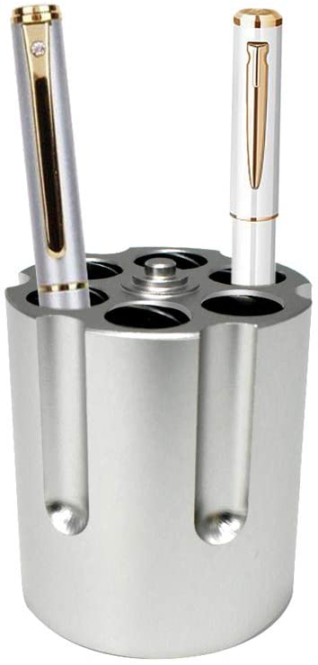 Gun Cylinder Pen Holder, Revolver Pen Holder with 6 Bullet Pens Pencil Holder Gun Cylinder Design Heavy Duty Non-Slip Aluminum Office Creative Decoration,Silver