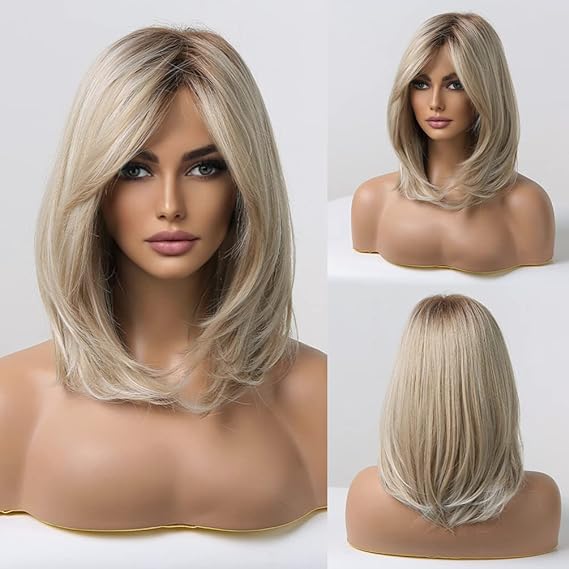 BERON Blonde Wig Long Layered Wigs for Women Blonde Wig with Dark Roots Layered Synthetic Hair Wig with Bangs