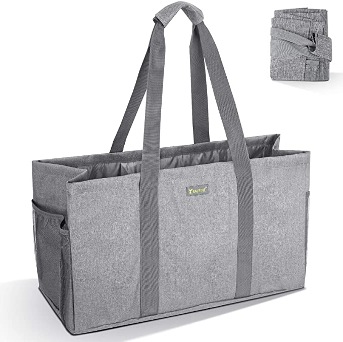 BALEINE Reusable Soft Utility Tote with Reinforced Handles, Eco Friendly Collapsible Foldable & Washable Grocery Storage Bag, Extra Storage For Phone & Keys with Inner & Side Pockets(Gray)