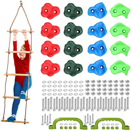 Odoland Rock Climbing Holds for Kids with Climbing Rope Ladder, Auxiliary Climbing Handle and Mounting Bolts - Climbing Grips DIY Rock Stone Wall Rock Climbing Holds Set Design for Children and Kid