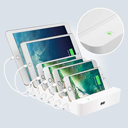 Charger Station, ELEGIANT 60W Multi USB Docking Charger Desktop Organizer 5-Port 5X2.4A and 1X3.0A QUICK Charger Interface Smart Compatibility with iPad iPhone Samsung Tablet PC and all smartphones White