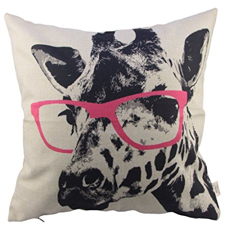 HOSL Giraffe wearing Pink Glasses Cotton Linen Square Decorative Throw Pillow Case Cushion Cover 17.3*17.3 Inch(44CM*44CM)