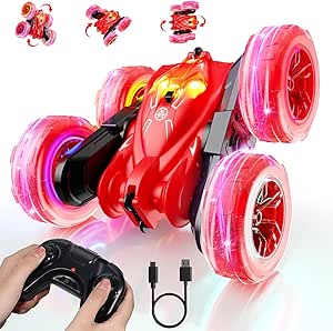 MaxTronic Fast Direct Charging Remote Control Car with LED Lights, Rc Cars for Kids 360° Rotating Double Sided Fast Flips 2.4Ghz 4WD All Terrain RC Stunt Toys for Ages 3-12 Years Old Boys Girls