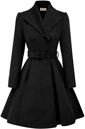 Belle Poque Women's Double Breasted Wool Coats Winter Trench Jacket with Belt