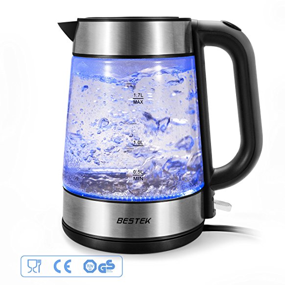 BESTEK Electric Glass Kettles, 3000W fast boil kettle, Blue LED illumination, 1.7 Electric Cordless Kettle, BPA Free