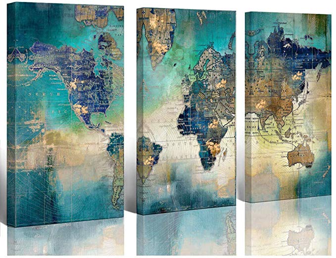 Large World Map Canvas Prints Wall Art Living Room Office 16x32 3 Piece Green World Map Picture Artwork Decor Home Decoration