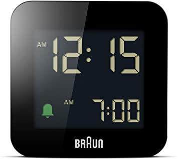 Braun Digital Travel Alarm Clock with Snooze, Compact Size, Negative LCD Display, Quick Set, Crescendo Beep Alarm in Black, Model BC08B.