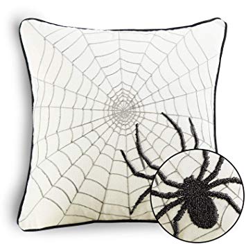 Cassiel Home Halloween Throw Pillow Cover 18X18 - Embroidery Scary Black Spider with Web on a Chilling White Background - White Fall Pillow Cover for Home Couch Sofa