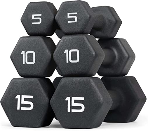 WF Athletic Supply Black Neoprene Dumbbell Set, Non-Slip & Hex Shape, Great for Muscle Toning, Strength Building & Weight Loss; Sizes, Dumbbells Only & w/Rack Options Available