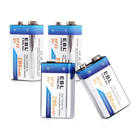 EBL 9 Volt 280mAh Ni-MH Performance 9V Rechargeable Batteries, 4 Packs