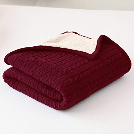CottonTex Cotton Knitted Cable Blanket w/Sherpa Lining 47x70 inches Ideal for Warm Keeping, Burgundy