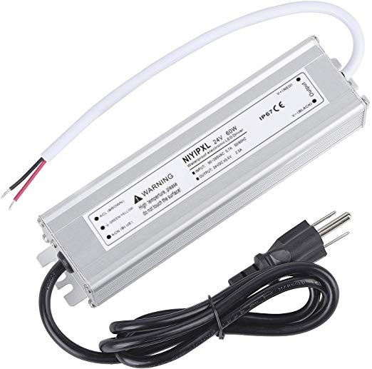 LED Driver 60 Watts 24V DC Low Voltage Transformer， Waterproof IP67 LED Power Supply, Adapter with 3-Prong Plug 3.3 Feet Cable for Any 24V DC led Lights, Computer Project, Outdoor Light