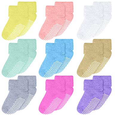 Coobey 9 Pairs Toddler Non-Skid Turn Cuff Thick Socks Stretch Warm Infant Socks
