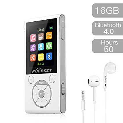 16GB MP3 Player,HiFi Bluetooth MP3 Player 50 Hours Playback Portable Music Player Lossless Sound Media Player By Puersit (White   Silver)