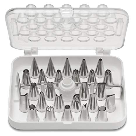 Ateco 782S 29 Piece Cake Decorating Set, Includes 26 Stainless Steel Tubes, 1 Standard Coupler, 2 Flower Nails in Hinged Storage Box