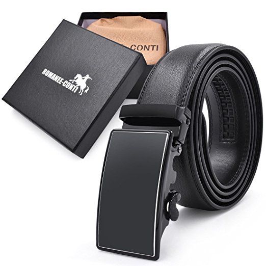 Mens Belt Leather Adjustable Belts Ratchet Automatic Sliding Buckle Black