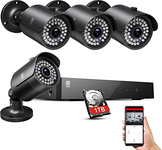 【5MP Camera】MTM Security Camera System with 1TB Hard Drive, H.265  8CH Home Surveillance DVR with 4 x Wired 5MP IP66 Weatherproof Indoor/Outdoor Cameras, Clear Night Vision, Motion Alert Remote Access