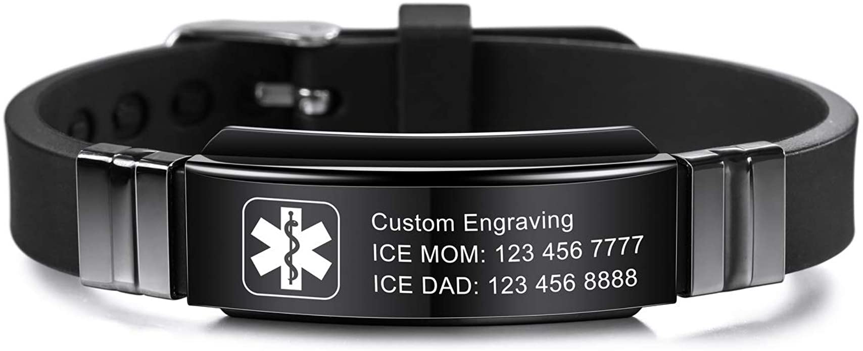 MOWOM Medical Bracelet Custom Engraved Silicone Adjustable Sport Name ID Identification Alert Medical Bracelet for Men Women Kids Stainless Steel Rubber- (Bundle with Emergency Card, Holder)