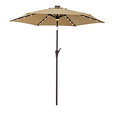 FLAME&SHADE 7.5' Solar LED Outdoor Patio Umbrella Market Style with Lights for Outside Table Balcony or Deck Shade with Tilt, Beige